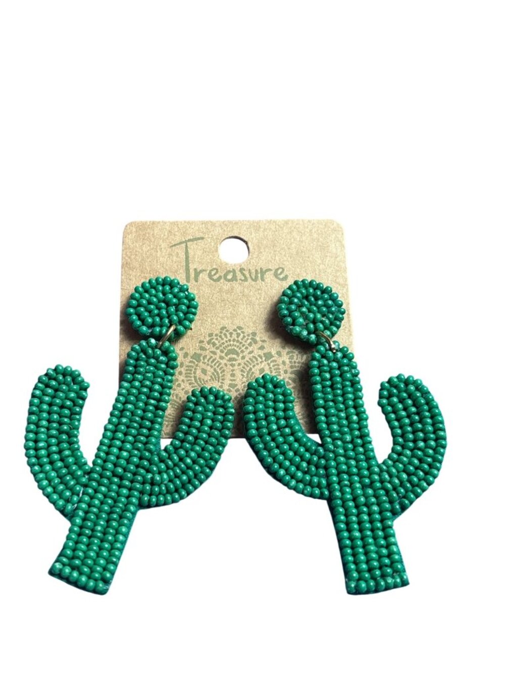 Treasure Green Seed Bead Cactus Dangle Earrings Novelty 2.5 inches New